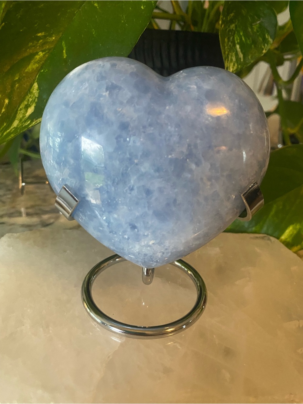 Chunky Celestite Crystal Heart Sculpture on Metal Stand